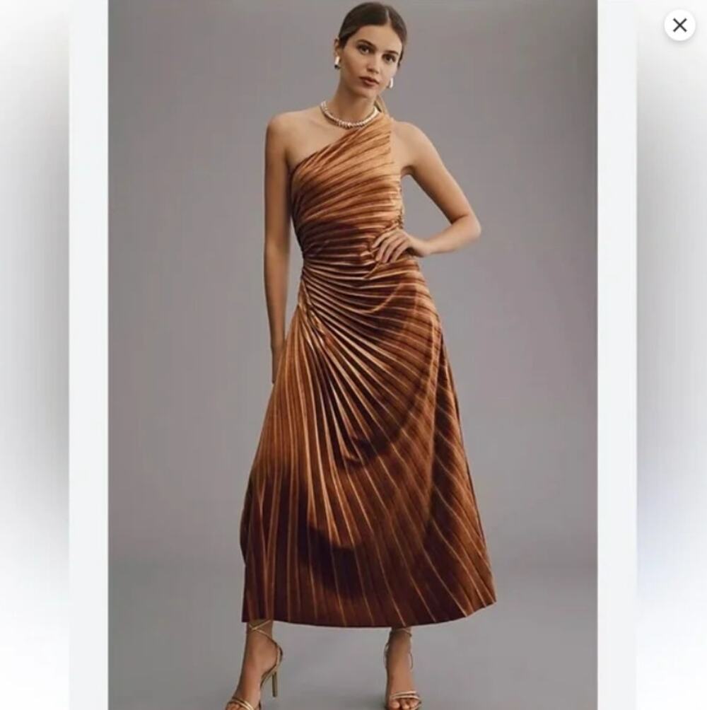 Delfi One Shoulder Velvet Pleated Brown A-Line Lea Dress